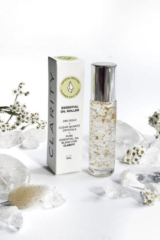 Pure Essential Oil Roller Bottle 10ml  with CLEAR CRYSTAL QUARTZ Crystal Gemstones - infused with 24k Gold Flakes