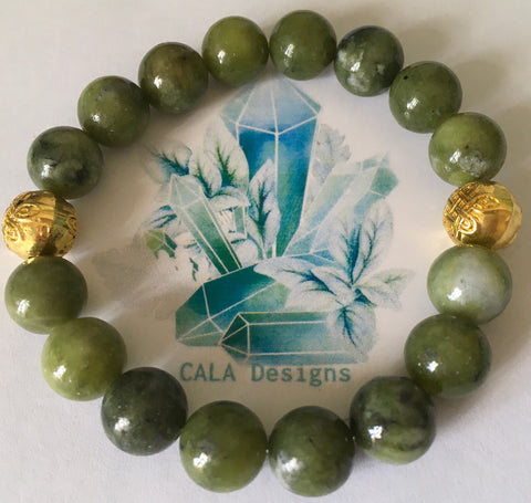 Ladies Natural Chinese Jade with Gold Chinese Knot Spacers Bracelet - Handcrafted