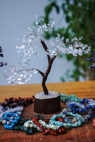 Clear Crystal Quartz Gemstone Tree - MEDIUM - Brown Base  and Branches - Crystal Healing