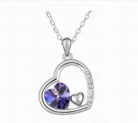 Swarovski Crystal Elements - Double Heart Design Necklace - Platinum Plate - Amethyst -  Valentines Day Gift Idea