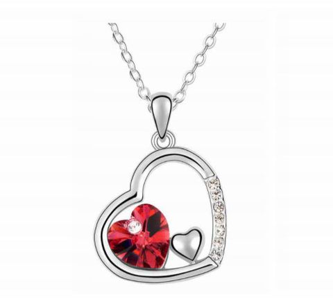 Swarovski Crystal Elements - Double Heart Design Necklace - Platinum Plate - Red - Valentines Day Gift Idea