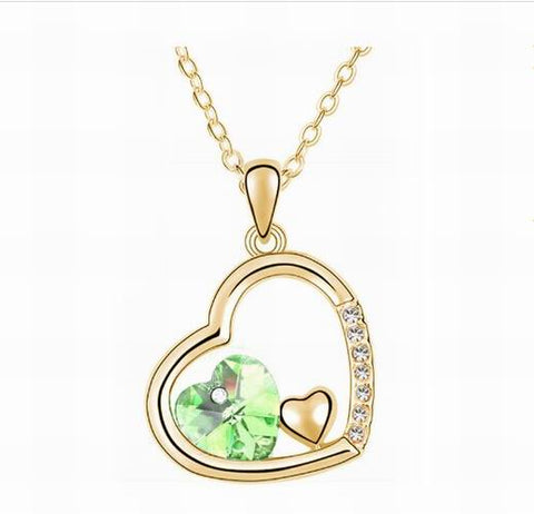 Swarovski Crystal Elements - Double Heart Design Necklace - Gold Plate - Green - Valentines Day Gift Idea