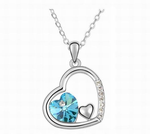 Swarovski Crystal Elements - Double Heart Design Necklace - Platinum Plate - Ocean Blue - Valentines Day Gift Idea