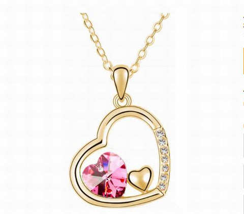 Swarovski Crystal Elements - Double Heart Design Necklace - Gold Plate - Rose Red -  Valentines Day Gift Idea