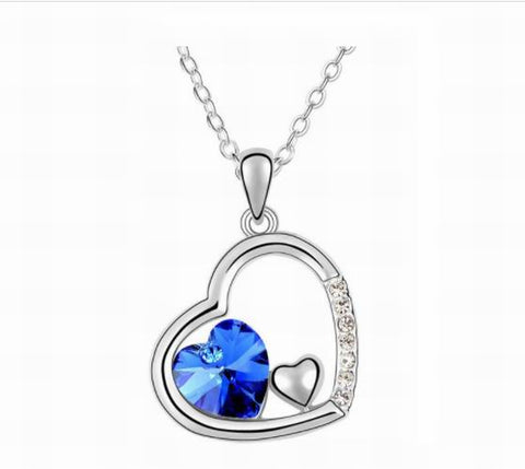 Swarovski Crystal Elements - Double Heart Design Necklace - Platinum Plate - Sapphire Blue  - Valentines Day Gift Idea