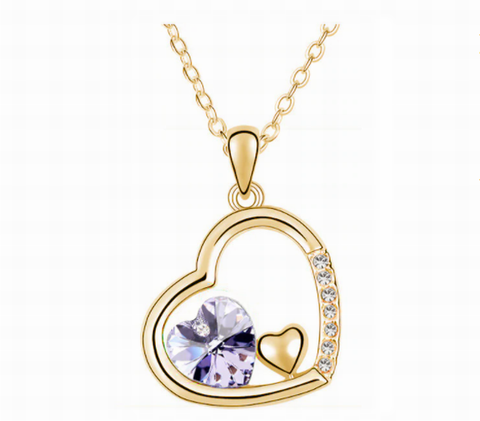 Swarovski Crystal Elements - Double Heart Design Necklace - Gold Plate - Violet - Valentines Day Gift Idea