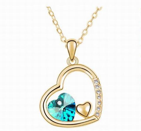 Swarovski Crystal Elements - Double Heart Design Necklace - Gold Plate - Ocean Blue -  Valentines Day Gift Idea