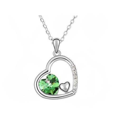 Swarovski Crystal Elements - Double Heart Design Necklace - Platinum Plate - Emerald Green - Valentines Day Gift Idea