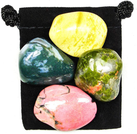 Emotional Balance Tumbled Stone Crystal Healing Set with Velvet Pouch - Moss Agate, Rhodonite, Serpentine and Unakite
