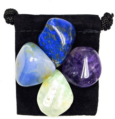 Ending Bad Dreams - Nightmares Tumbled Stone Crystal Healing Set with Velvet Pouch -Amethyst, Blue Chalcedony, Lapis Lazuli and Prehnite