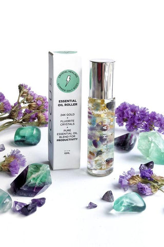 FOCUS - Rainbow Fluorite Pure Essential Oil Roller Bottle 10ml -  infused with 24k Gold