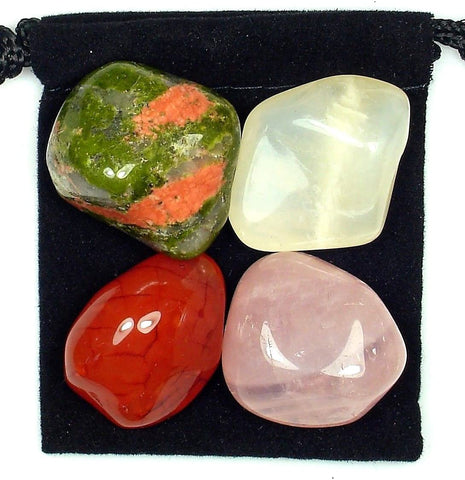 Fertility Help Tumbled Stone Crystal Healing Set with Velvet Pouch - Carnelian, Moonstone, Rose Quartz and Unakite