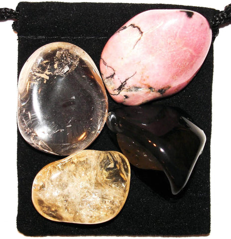 Finding Your Path Tumbled Stone Crystal Healing Set with Velvet Pouch - Citrine, Black Obsidian, Clear Crystal Quartz and Rhodonite