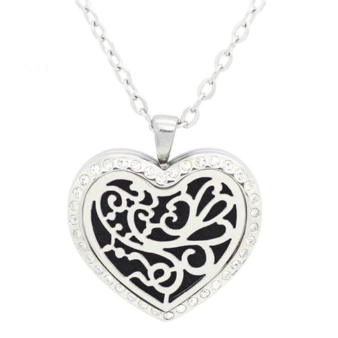 Filigree Butterfly Floral Heart Design Aromatherapy Essential oil Diffuser Necklace Silver with Crystals - Free Chain - Mothers Day Gift Idea