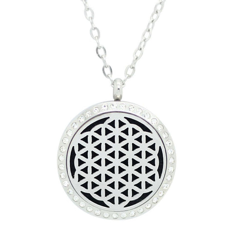 Flower of Life Aromatherapy Essential Oil Diffuser Necklace Silver with Crystals - Free Chain - Mothers Day Gift Idea