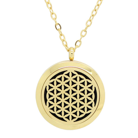 Flower of Life Aromatherapy Essential Oil Diffuser Necklace - 14k Gold Plate 25mm - Free Chain - Mothers Day Gift Idea