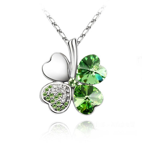 Swarovski Crystal Elements - FOUR Leaf Clover Necklace - Shamrock - White Gold Plate - St Patrick's Day - Gift Idea