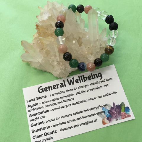General Wellbeing and Healing Crystal Gemstone and Lava Beads Bracelet - Aromatherapy Diffuser - Handcrafted