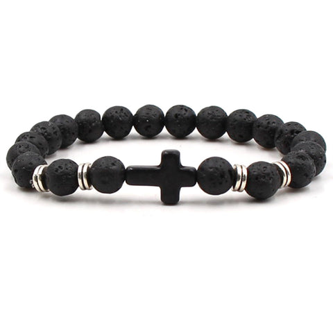 Mens Black Onyx Cross and Lava Stone Aromatherapy Diffuser Bracelet - Protection, Encouragement and Strength