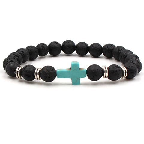 Mens Blue Howlite Cross and Lava Stone Aromatherapy Diffuser Bracelet - Calming, Knowledge, Concentration and Clarity