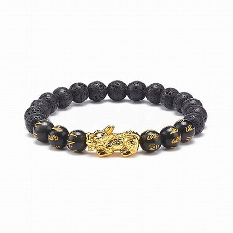 PiXiu and Lava Stone Aromatherapy Diffuser Bracelet with Om Mani Padme Hum (Black Obsidian) 8mm Unisex - Feng Shui - Abundance, Wealth and Protection