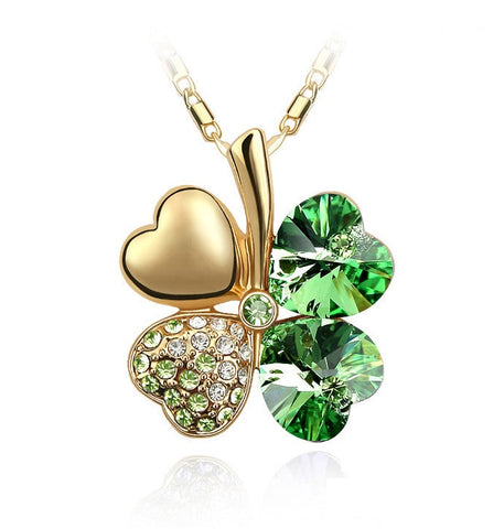 Swarovski Crystal Elements - FOUR Leaf Clover Necklace - Shamrock - Gold Plate  - St Patrick's Day - Gift Idea