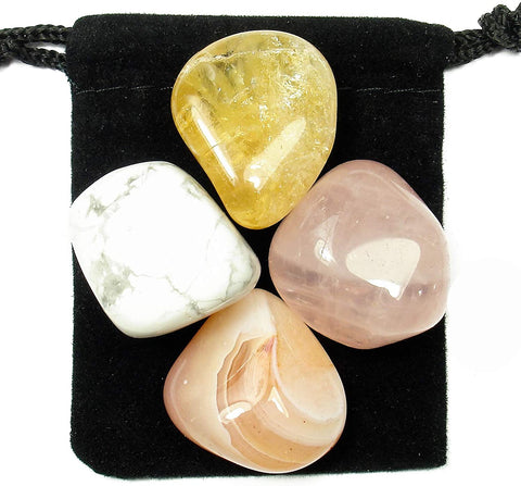 Inner Calm Tumbled Stone Crystal Healing Set with Velvet Pouch - Agate, Citrine, Howlite and Rose Quartz