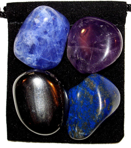 Insomnia Relief Tumbled Stone Crystal Healing Set with Velvet Pouch - Amethyst, Hematite, Lapis Lazuli and Sodalite