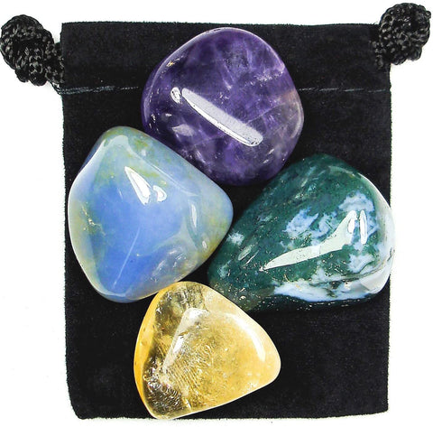Joy and Happiness Tumbled Stone Crystal Healing Set with Velvet Pouch - Amethyst, Chalcedony, Citrine and Moss Agate