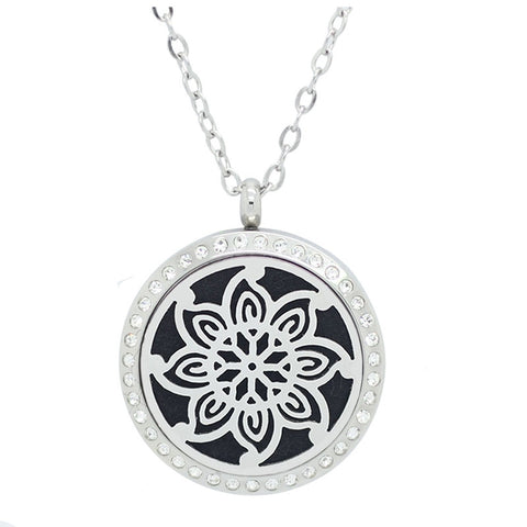 Kaleidoscope Design Essential Oil Diffuser Necklace Silver with Crystals 25mm - Free Chain - Mothers Day Gift Idea