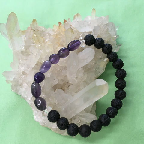 Child's Little Tumbled Amethyst, Clear Crystal Quartz and Lava Stone Aromatherapy Diffuser Bracelet - Handcrafted