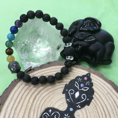 Child's 7 Chakra Hematite Buddha and Lava Stone Aromatherapy Diffuser Bracelet with Clear Crystal Quartz