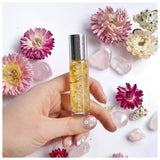 Pure Essential Oil Roller Bottle 10ml with ROSE QUARTZ Crystal Gemstones -  infused with 24k Gold Flakes