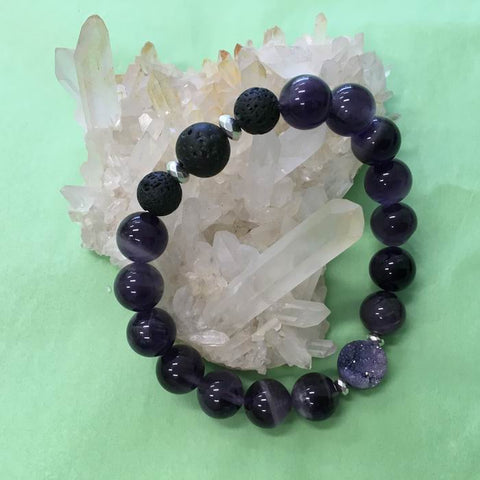 Amethyst, Lilac Druzy and Lava Stone Aromatherapy Diffuser Bracelet - power and spiritual protection - February Birthstone