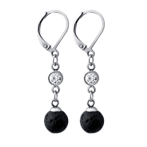 Aromatherapy Lava Stone Drop Earrings embellished with Clear Swarovski Crystal