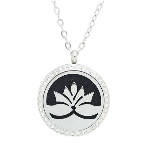 Lotus Flower Design Aromatherapy Essential Oil Diffuser Necklace with Crystals - Silver 30mm - Free Chain - Mothers Day Gift Idea