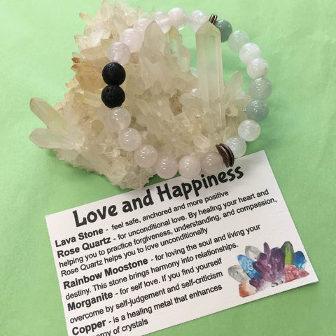 Love and Happiness Crystal, Gemstone and Lava Stone Bracelet - Aromatherapy Diffuser - Handcrafted