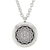 Lotus Flower Mandala Design Aromatherapy Essential Oil Diffuser Necklace - Silver with Crystals 25mm - Free Chain - Mothers Day Gift Idea