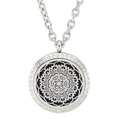 Lotus Flower Mandala Design Aromatherapy Essential Oil Diffuser Necklace - Silver with Crystals 30mm - Free Chain - Mothers Day Gift Idea