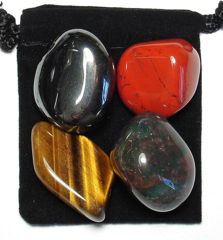 Manifest Protection Tumbled Stone Crystal Healing Set with Velvet Pouch - Bloodstone, Hematite, Red Jasper and Tiger Eye