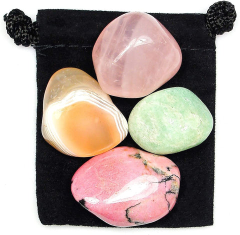 Overcoming Trauma Tumbled Stone Crystal Healing Set with Velvet Pouch - Agate, Amazonite, Rhodonite and Rose Quartz