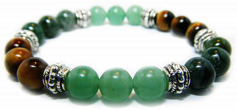 Crystal Gemstone Bracelet - Handcrafted - Natural Green Aventurine, Moss Agate and Tiger Eye 8mm