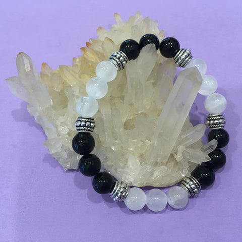 Protection Healing Crystal Gemstone Bracelet - Handcrafted - Black Tourmaline and Selenite 8mm - Gift Idea