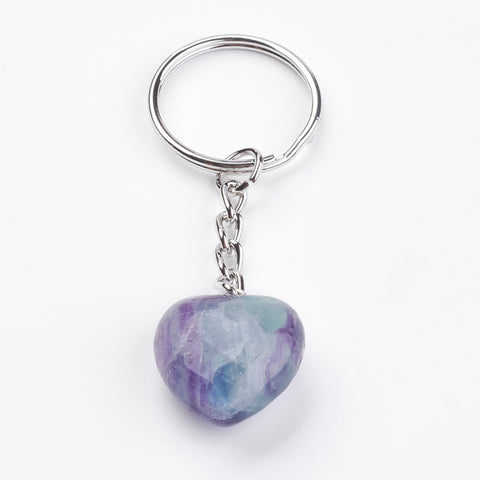 Rainbow Fluorite Crystal Gemstone Puff Heart Key Chain - Focus, Protection and Grounding - Crystal Healing
