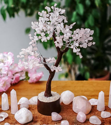 Rose Quartz Crystal Gemstone Tree - LARGE - Brown Trunk and Base - Crystal Healing - the stone of unconditional LOVE - Christmas Gift Idea