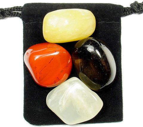 Stress Relief Tumbled Stone Crystal Healing Set with Velvet Pouch - Calcite, Red Jasper, Moonstone and Smoky Quartz