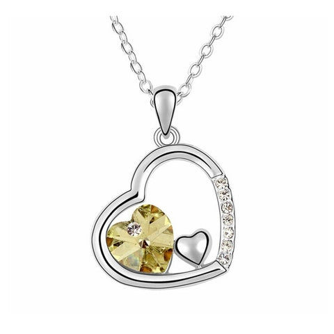 Swarovski Crystal Elements - Double Heart Design Necklace - Platinum Plate - Citrine Yellow - Valentines Day Gift Idea