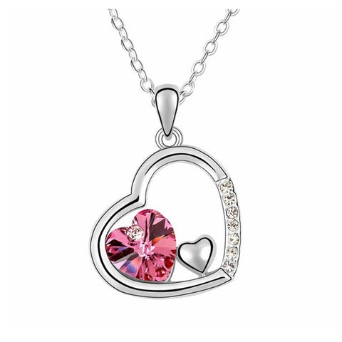 Swarovski Crystal Elements - Double Heart Design Necklace - Platinum Plate - Rose Red - Valentines Day Gift Idea