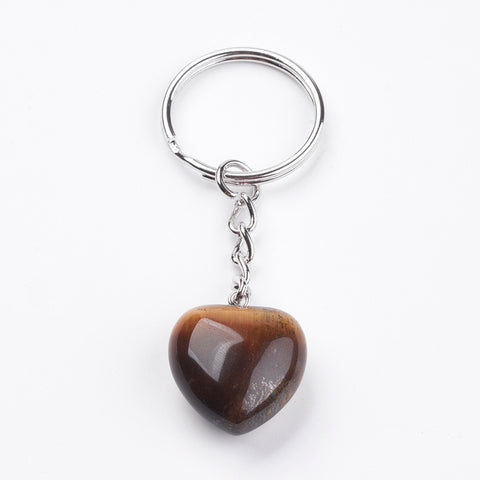 Tiger Eye Crystal Gemstone Puff Heart Key Chain - Balance, Willpower, Courage and Clear Thinking - Crystal Healing
