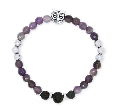 Owl Amethyst and Hematite Lava Aromatherapy Diffuser Bracelet - Calming, Grounding and Positivity - February Birthstone - Gift Idea